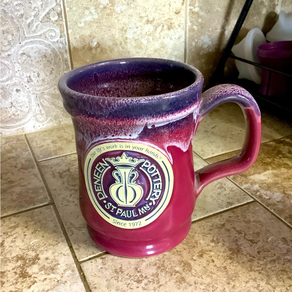 Deneen Pottery Burgundy with Blue Drip Retro Logo Mug